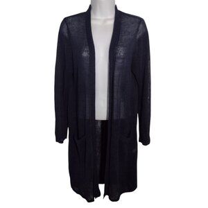 J Jill Linen Viscose Open Cardigan M Petite Blue Pockets Preppy Beach Semi Sheer